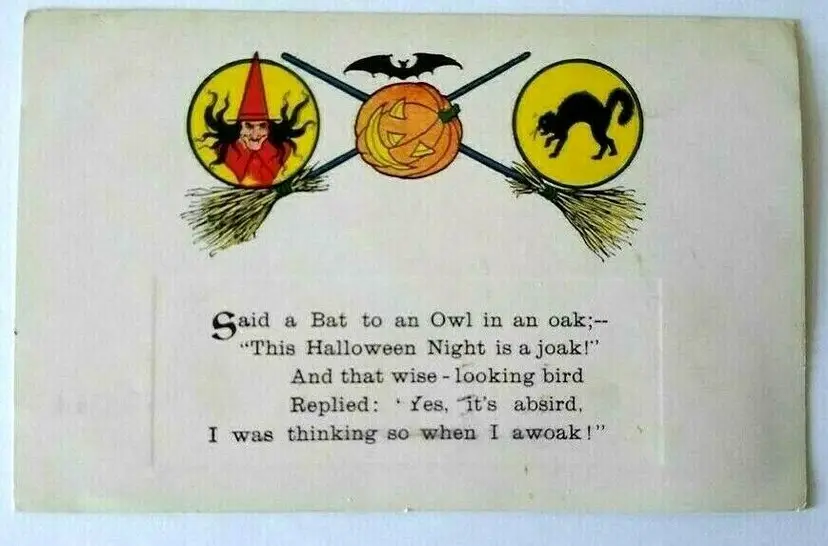 Antique Halloween Postcard Gibson 1912 Black Cat Witch Brooms Bat Portland Maine