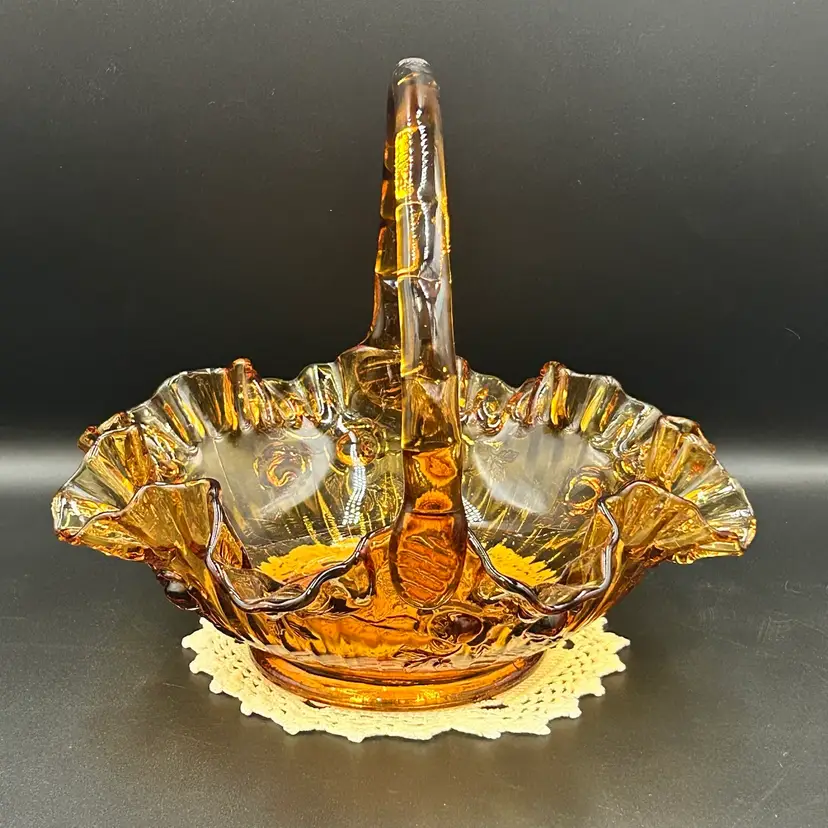 Vintage Fenton Cabbage Roses Basket, Shape 9235, Colonial Amber
