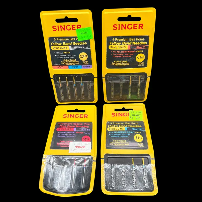 #192A 4 Partial Packages Of Singer Sewing  Machine Needles. 
2 Style 2045 Size 11 Lightweight 
2 Style 2045 Size 14 Medium Weight
2 Style 2020 Size 16 Heavyweight 
4 Style 2045 Assorted Sizes (2 Ea 80/11, 90/14)