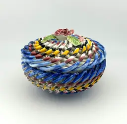 Vintage Spanish Hand Painted Woven Basket Ceramic Lidded Dish 4”x 3.5”