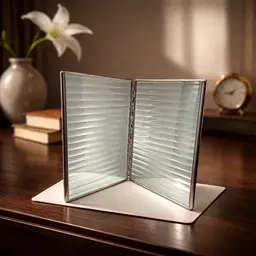 Vintage Silver Tone Metal & Ribbed Glass Double Folding Picture Frame, Two 9"x7"