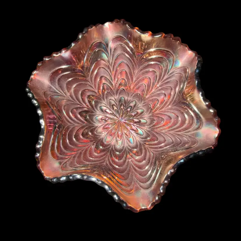 Antique Fenton Peacock Tail Amethyst Carnival Glass Ruffled Bowl