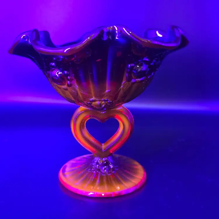 Vintage Fenton Ruby Red Amberina Cabbage Rose Compote Candy Dish With Open Heart Stem UV Glow