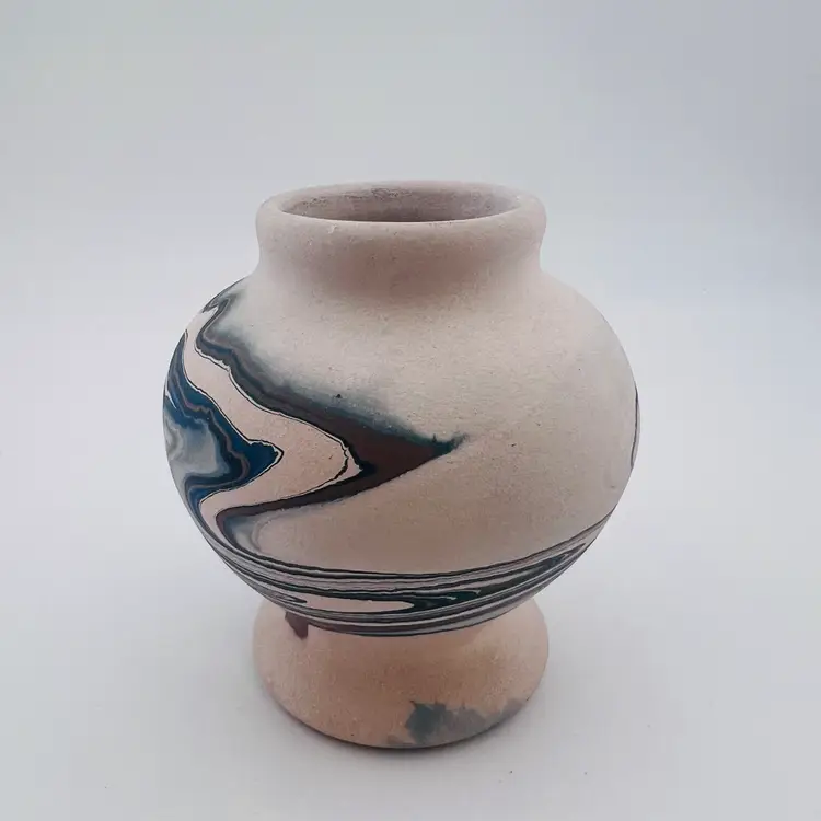 Beautiful Blue Swirl Pottery Weed Pot Marked American Creations 3.25”