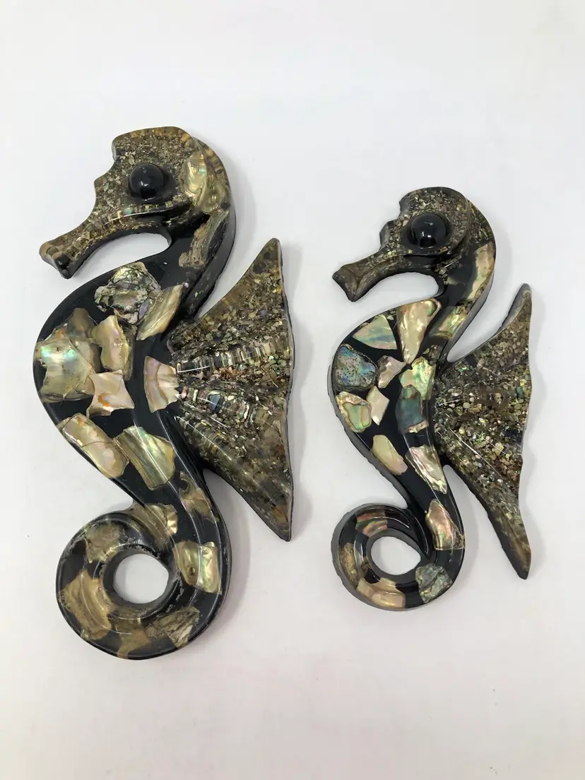 Abalone Seashell Seahorses Pair of Large and Small Wall Hangings