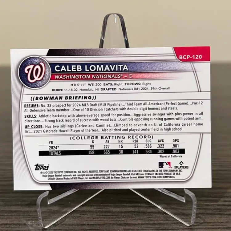 2025 Bowman Chrome Caleb Lomavita 82/125 1st Bowman Washington Nationals
