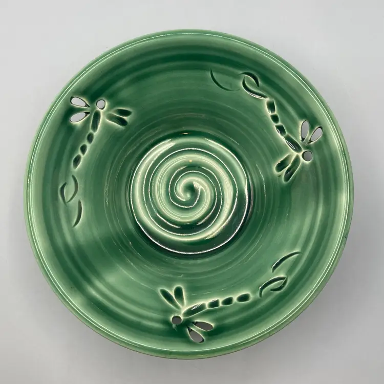 Dragonfly Cut-out Green Artist Signed Pottery Decorative Bowl - 7.25"