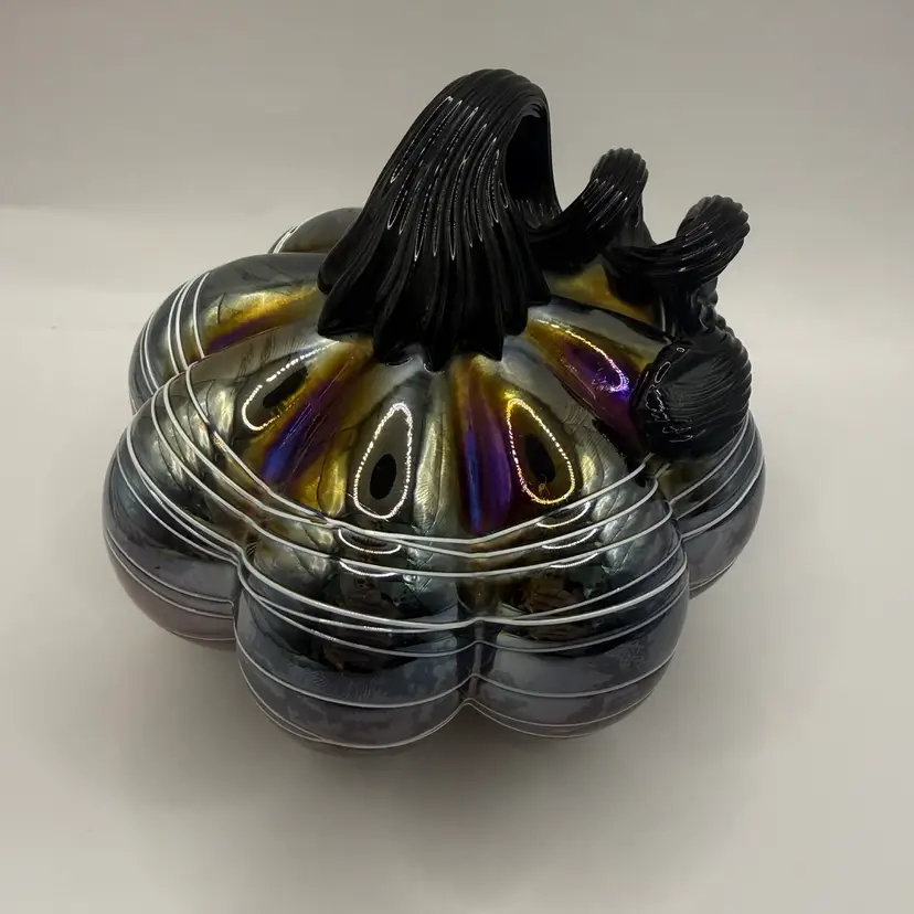 Iridescent Amethyst Glass Threaded Glass Pumpkin Hand Blown 5x4”