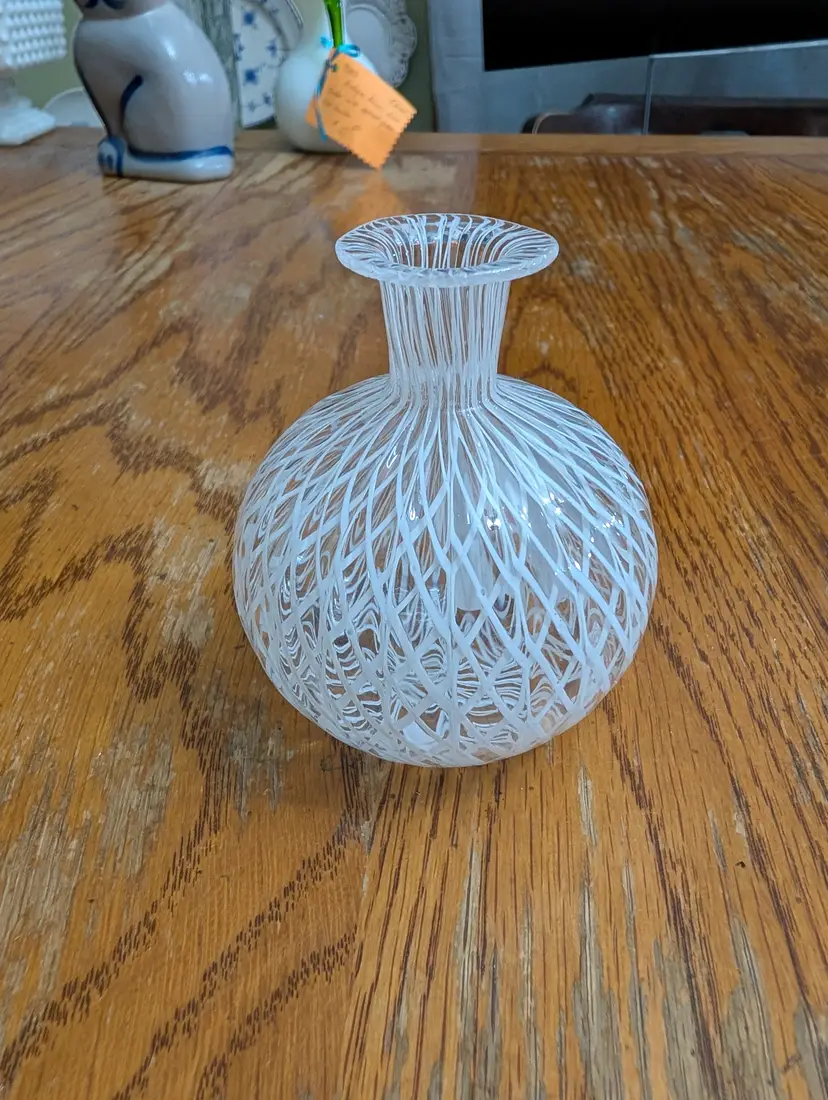 Hand blown clear glass vase with white ribbon