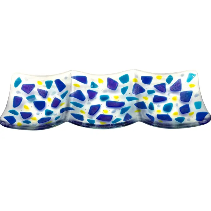 BIN - Beautiful Three Compartment Dichro Fused Glass Nut Or Condiment Tray 12.5”