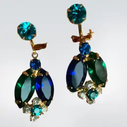 #01 - Vintage Stunning Dangling Gold Tone Clip On Earrings With Green And Blue Prong Set Marquise Cut Rhinestones. 1 1/2 “ L