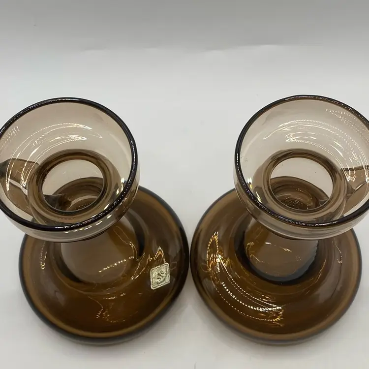 Salzburger Cristal Amber Glass Pair Of Candleholders With Handle Handmade In Austria