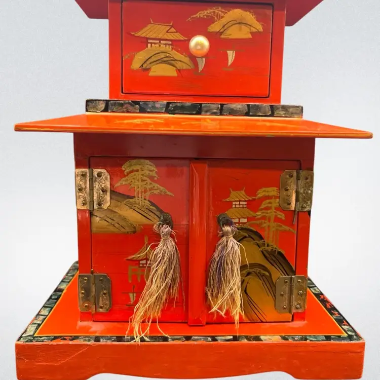 Vintage Japanese 3 Tier Red Lacquer Pagoda Musical Jewelry Box Handpainted