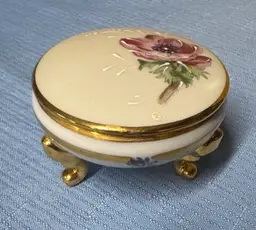 S A Limoges France Porcelain Gold Trim Round Trinket Ring Footed Box 3”