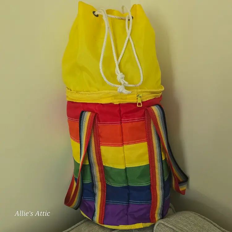 Vintage Rainbow Backpack Bag Purse Overnight Duffel Drawstring Pride LGBT -Flaws