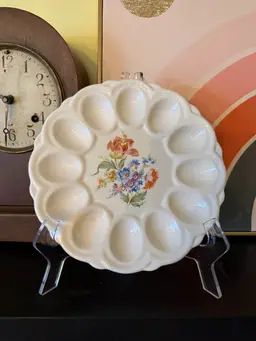 Vintage Floral Egg Plate by E.A.P. Co. American Art Ware – Liberty Bell Mark, 1940s–50s Ceramic Deviled Egg Platter, Cottagecore Kitchen Decor
