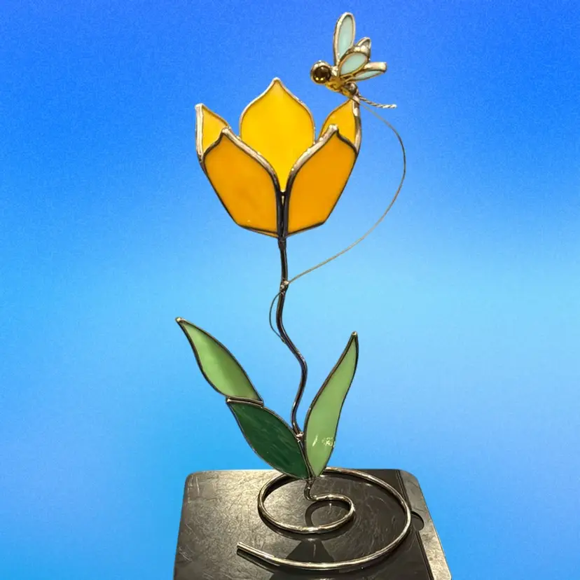 Vintage Stained Glass Flower Votive With Dragonfly
