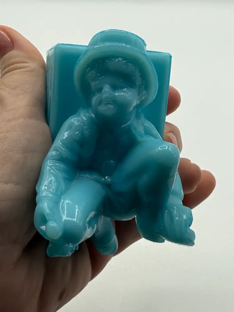 Portieux Vallerysthal Blue Opaline Boy With Basket Kneeling Toothpick Holder