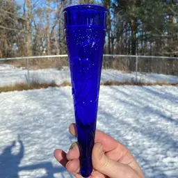 Vintage Auto Vase / Wall Pocket, Cobalt Blue Glass Vase, Bird / Woodpecker Motif. Possibly Dugan Glass. 8”h.