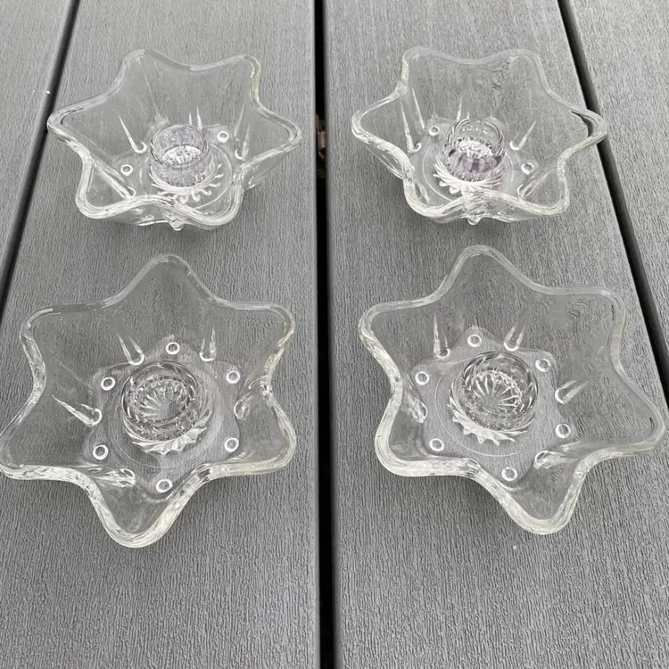 4 VINTAGE MCM ANCHOR HOCKING 6 POINT STAR TAPERED CANDLE HOLDERS