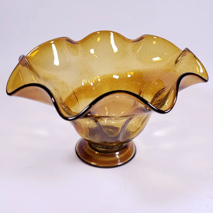 Vintage MCM Hand Blown Amber Bubbles Ruffled Pedestal Art GLASS COMPOTE DISH