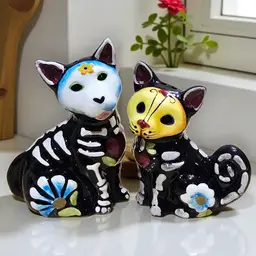 Blue Sky Decor of the Dead Dog & Cat Salt & Pepper Shakers Sugar Skull Skeleton