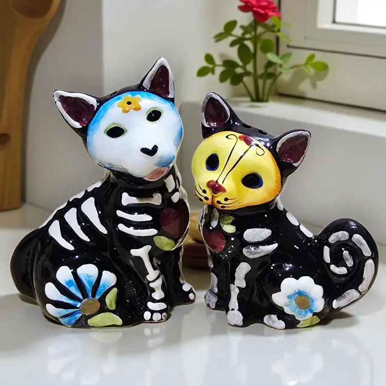 Blue Sky Decor of the Dead Dog & Cat Salt & Pepper Shakers Sugar Skull Skeleton