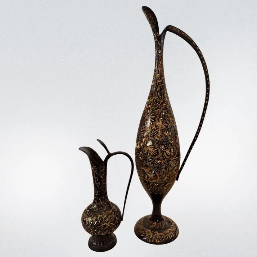 2 VINTAGE & BEAUTIFUL Etched Brass Indian Ewer Pitcher Bud Vases Black & Gold 14.5” & 7.5” Made In India Signed & Numbered.