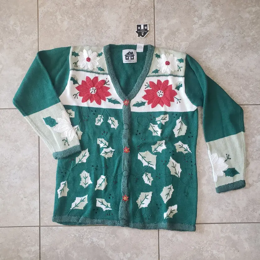 Vintage Storybook Knits Poinsettia Christmas Cardigan Sweater Medium Green
