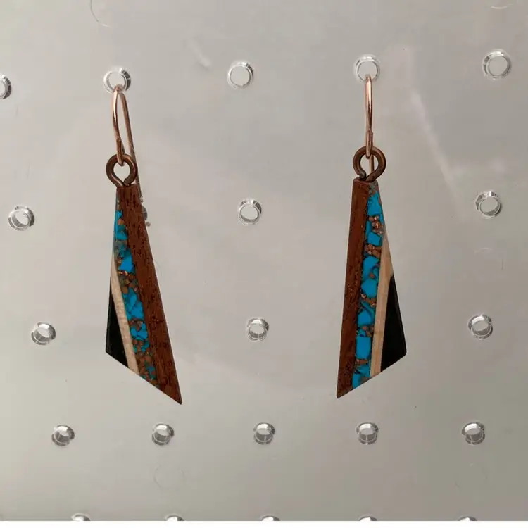 Southwestern Geometric Artisan Wood Earrings With Inset Turquoise And Copper