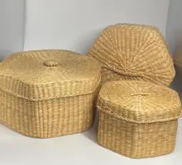 Set of 3 Woven Lidded Sweet Grass Baskets, 1960's, 6" Diameter, Stackable