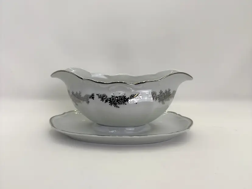 Vintage BKJ Bavaria Gravy Boat With Base, Silver Trim Porcelain Sauce Server, Bouquet Pattern Germany, Mid-Century Holiday Tableware