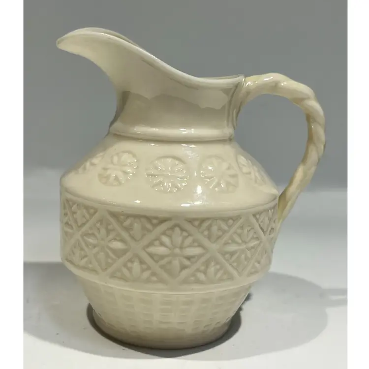 Belleek Irish Creamer/ Pitcher– Green Mark – 3.5”- Cleary Pattern: Basketweave- Floral-starburst- Twisted Handle- Purian China
