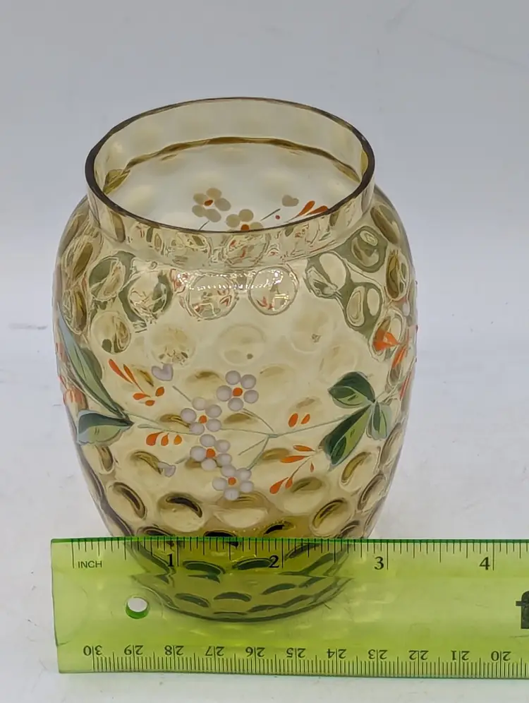 Vtg Mosser Amber Thumbprint Glass Vase - Hand Painted Floral Enamel