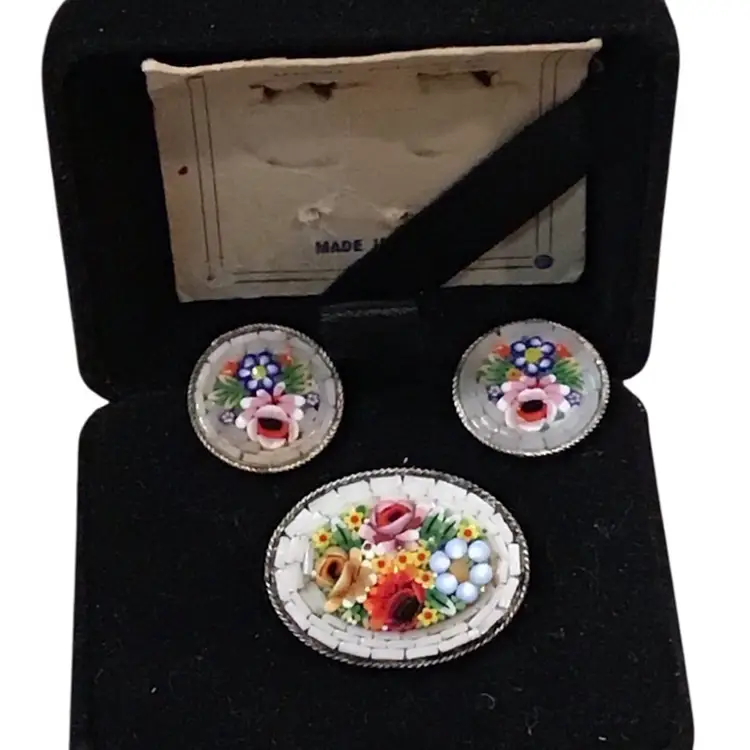 Silver tone Italian Micro Mosaic Brooch and Clip on earrings set