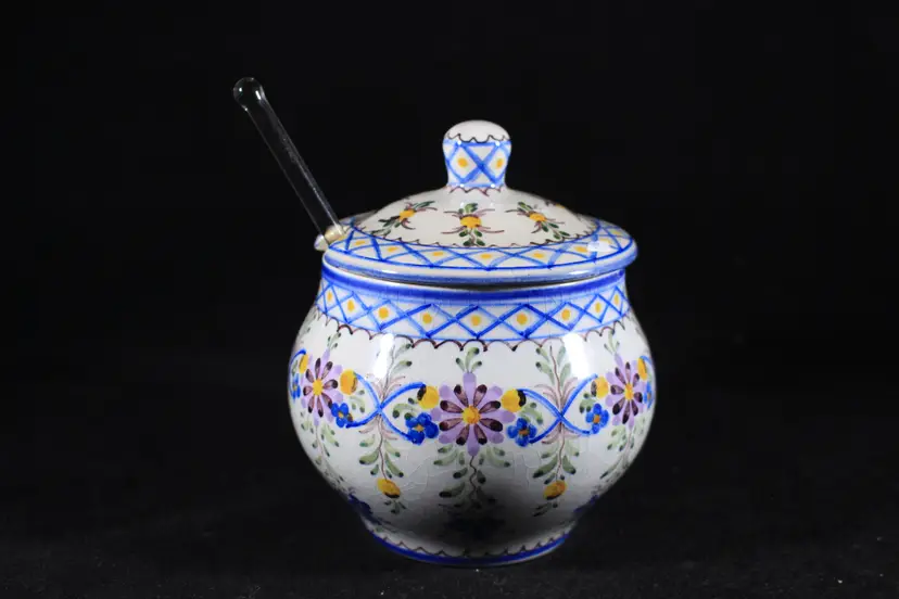 Carvalhinho Porto Portugal Preserve Jam Jar Floral Design with Lid & Spoon P226