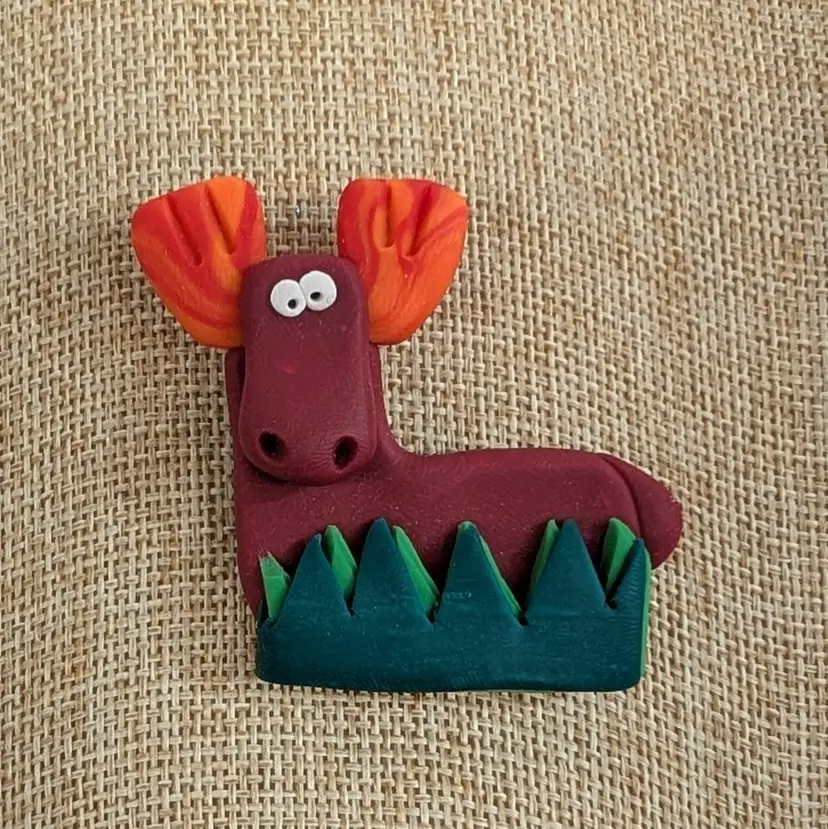 Vintage Bull Moose Brooch Pin  Artisan Handmade Clay Whimsical Happy Derpy