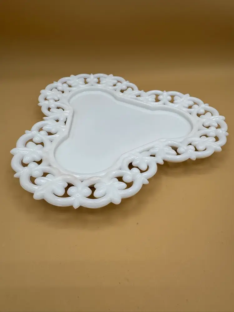 Fenton Triangular Milk Glass Plate Reticulated Lace Edge - Rare