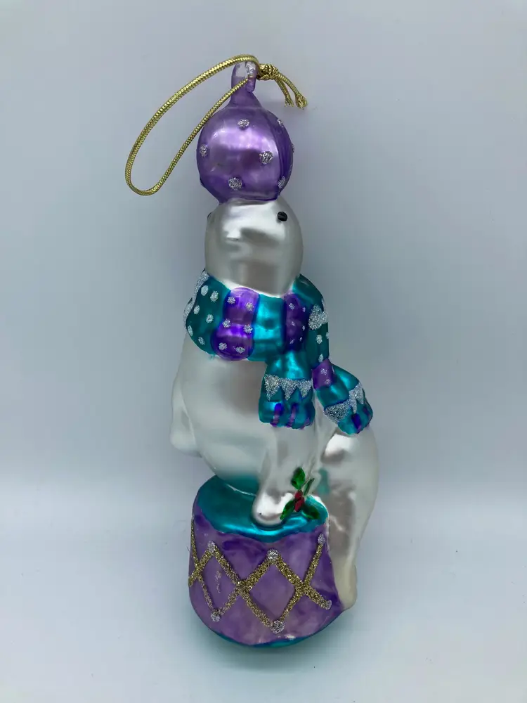 Hand Blown Glass Circus Carnival Seal Sea Lion Purple Teal Christmas Ornament 7"