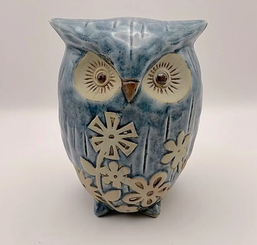 OWL! Retro Ceramic Denim Blue with Flower Design, 6” tall. Brown and cream accents! Adorable piece for your decor!