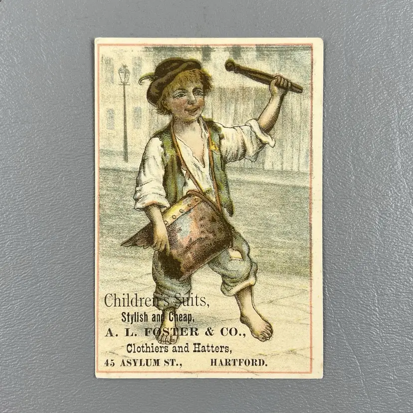 Victorian Trade Card Barefoot Child AL Foster Co Hartford CT Clothiers and Hatters 4"