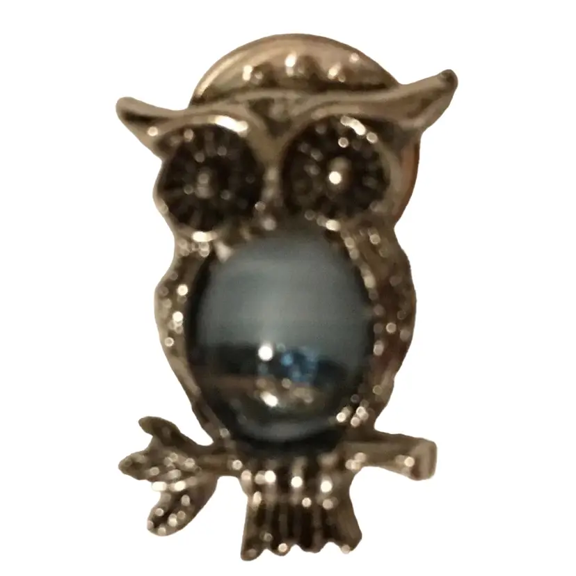 Vintage OWL Jelly Belly Pin Tie Tack Brooch Silvertone Blue