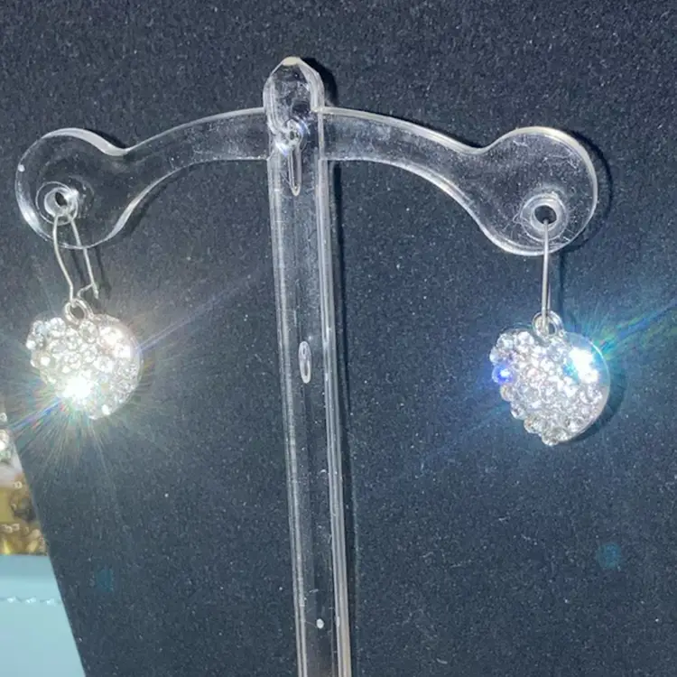 1 1/4” Drop Earrings! Silver Tone Blingy Hearts, Fish Hooks.  Made By Me!