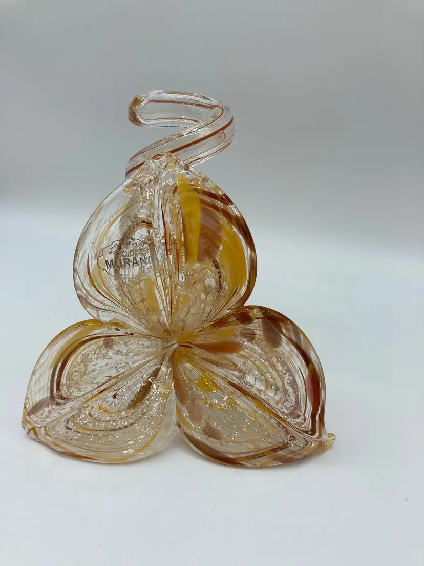 Murano Stickered Hand Blown Art Glass Flower With Twisted Stem