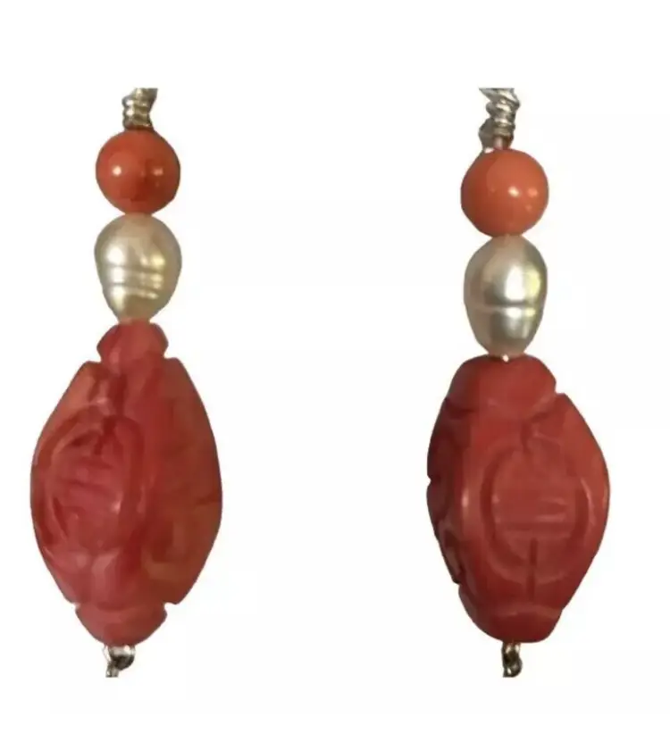 Handmade Freshwater Pearls Genuine Coral Carved 925 Ear Hooks One of a Kind