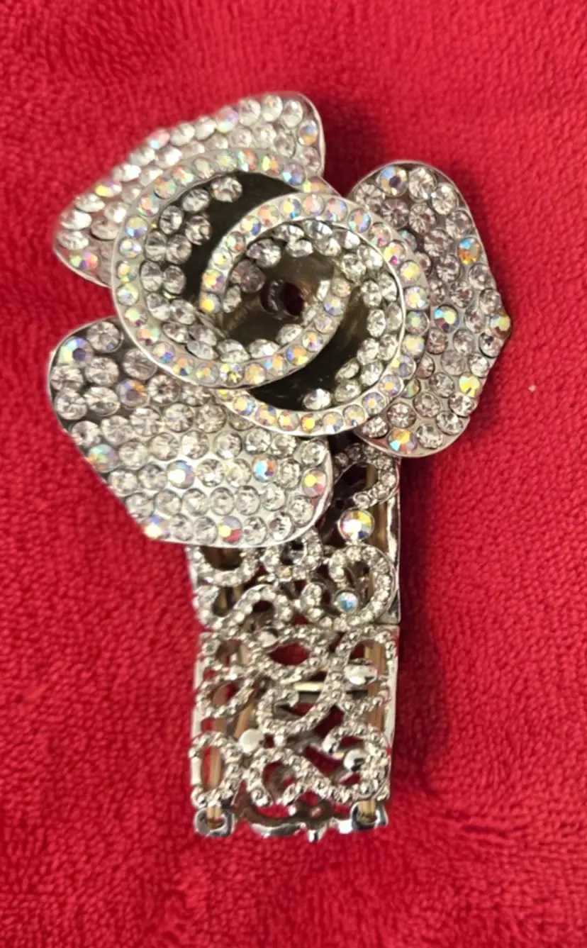 Silver-Tone Stretch Bracelet Flower Clear Rhinestone Chunky Wide Floral