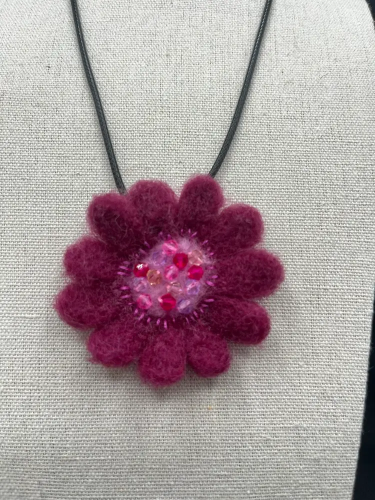 Made By Me Needle Felted Flower Pendant 2 1/4” On 18” Cord With Lobster Clasp
