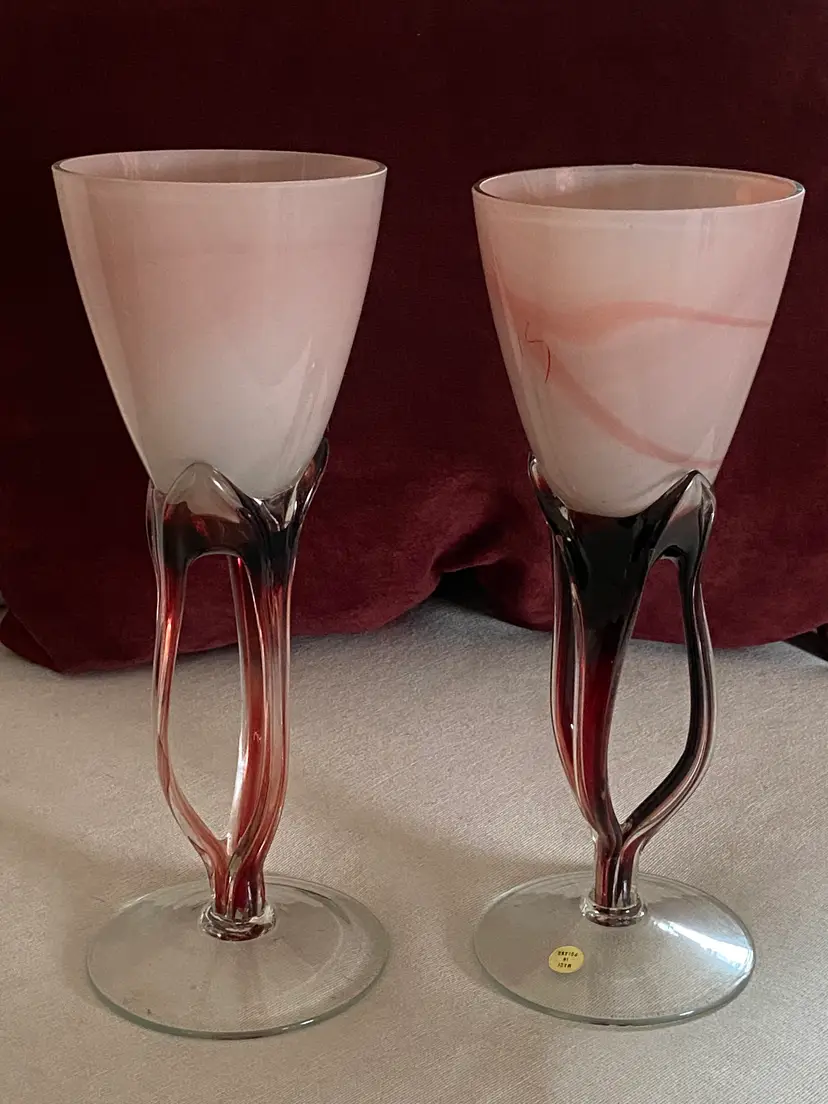 2 Large Vintage Polish Jozefina Krosno Glass Goblets, 10.5" and 10.25" Tall