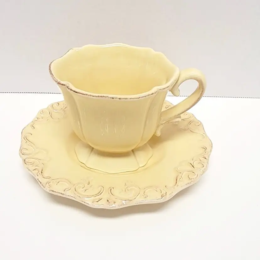 LE FAUBOURG Portugal Cup Saucer Set/Portugal Pottery Teacup & Saucer/Cream-Yellow Color/Filigree Pattern On Saucer