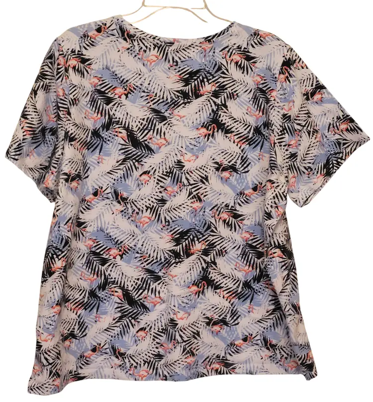 CJ Banks Woman 2X Top Shirt Short Sleeve Flamingos Palms Tropical Pink Blue